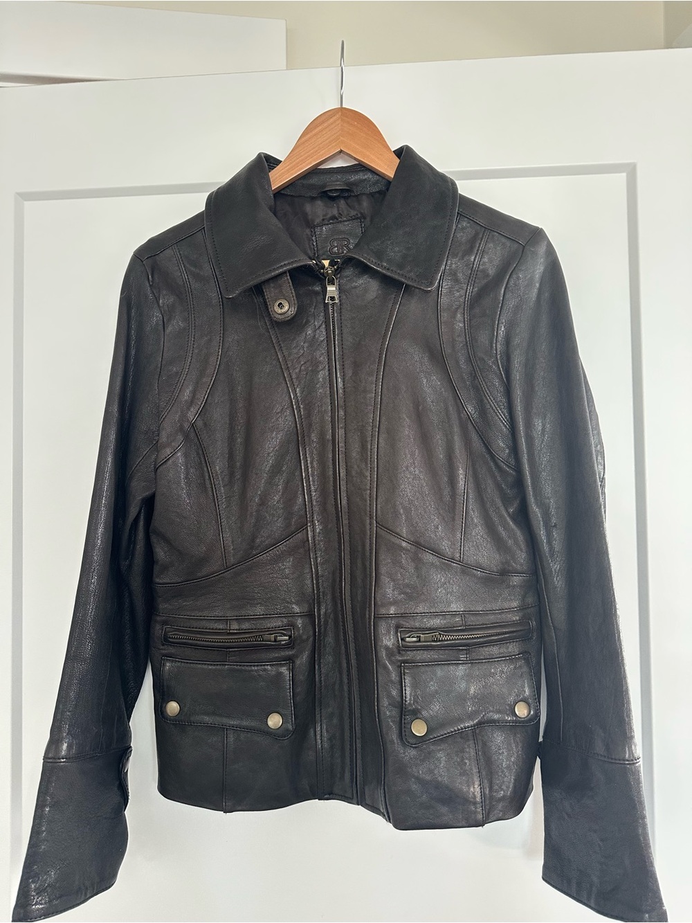 Banana Republic Dark Brown Leather Zip-Front Jacket/ removable faux fur collar